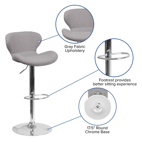 Gray Fabric |#| Contemporary Gray Fabric Adjustable Barstool with Curved Back & Chrome Base