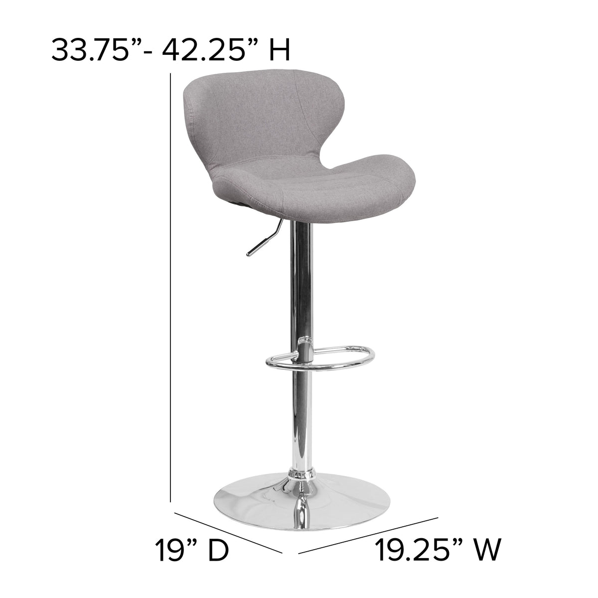Gray Fabric |#| Contemporary Gray Fabric Adjustable Barstool with Curved Back & Chrome Base