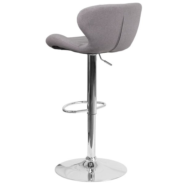 Gray Fabric |#| Contemporary Gray Fabric Adjustable Barstool with Curved Back & Chrome Base