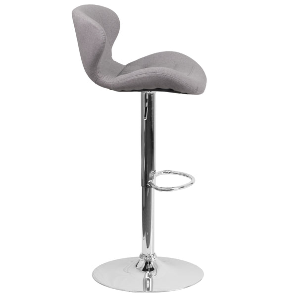 Gray Fabric |#| Contemporary Gray Fabric Adjustable Barstool with Curved Back & Chrome Base