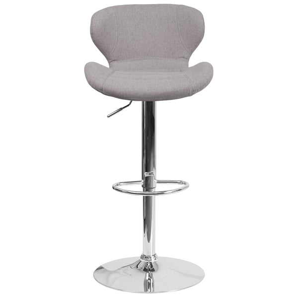 Gray Fabric |#| Contemporary Gray Fabric Adjustable Barstool with Curved Back & Chrome Base