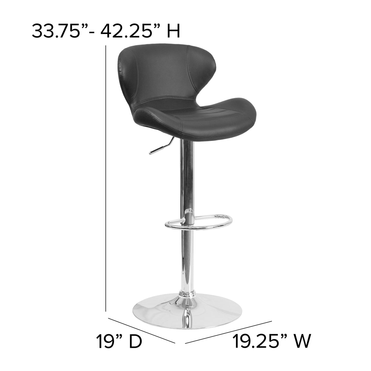 Black Vinyl |#| Contemporary Black Vinyl Adjustable Barstool with Curved Back & Chrome Base