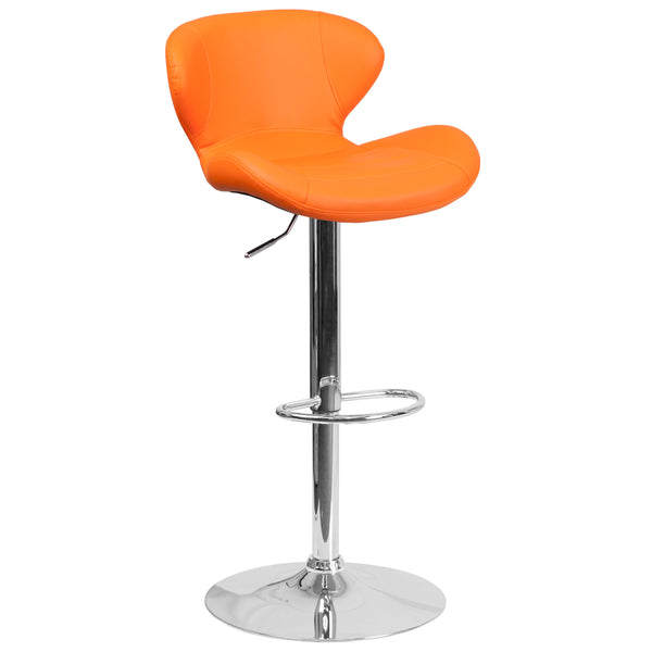 Orange Vinyl |#| Contemporary Orange Vinyl Adjustable Barstool with Curved Back & Chrome Base