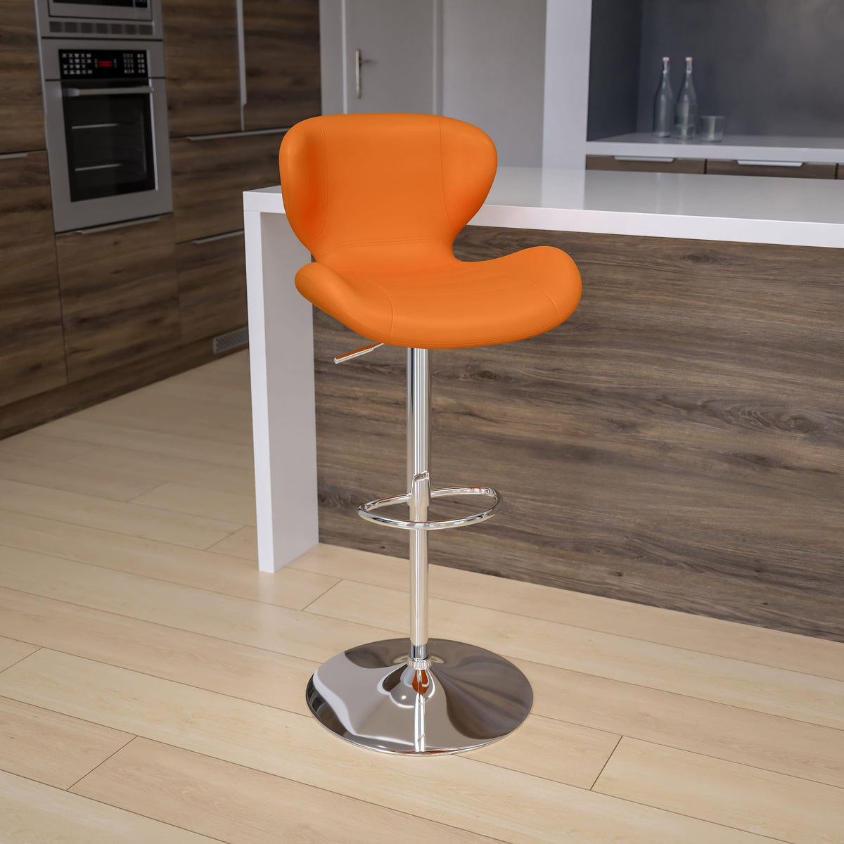 Orange Vinyl |#| Contemporary Orange Vinyl Adjustable Barstool with Curved Back & Chrome Base