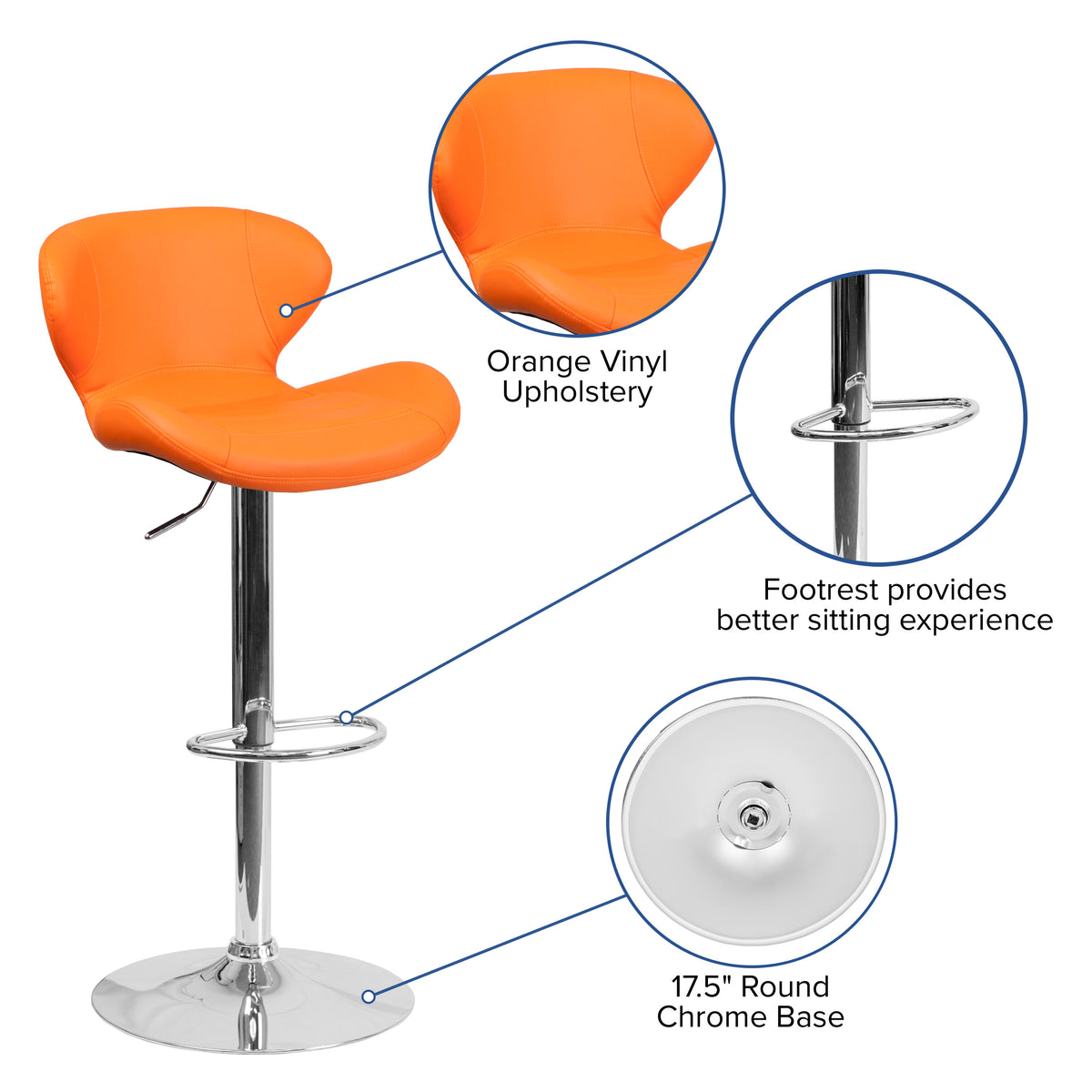 Orange Vinyl |#| Contemporary Orange Vinyl Adjustable Barstool with Curved Back & Chrome Base