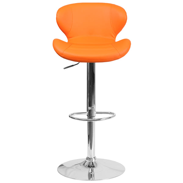 Orange Vinyl |#| Contemporary Orange Vinyl Adjustable Barstool with Curved Back & Chrome Base