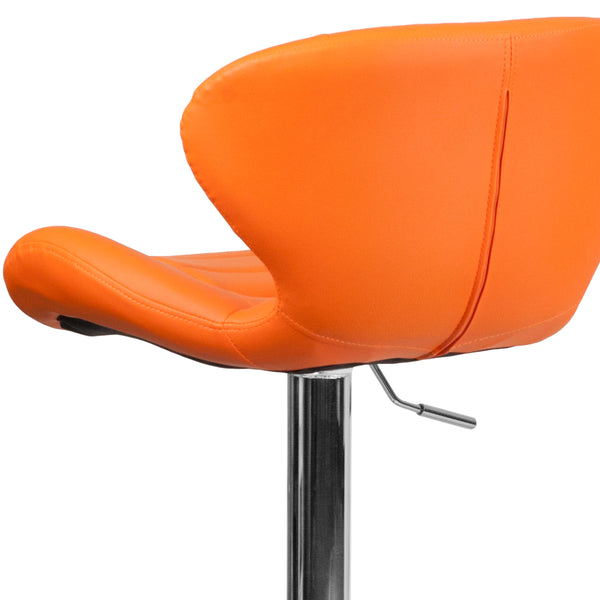 Orange Vinyl |#| Contemporary Orange Vinyl Adjustable Barstool with Curved Back & Chrome Base