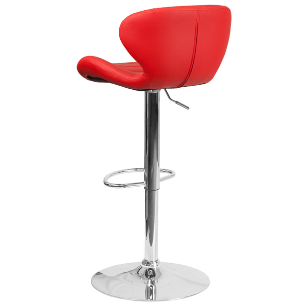 Red Vinyl |#| Contemporary Red Vinyl Adjustable Barstool with Curved Back & Chrome Base