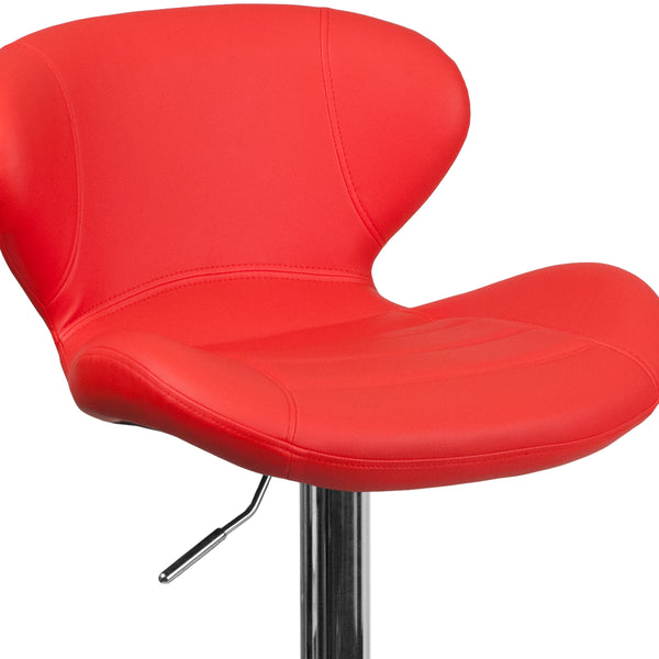 Red Vinyl |#| Contemporary Red Vinyl Adjustable Barstool with Curved Back & Chrome Base