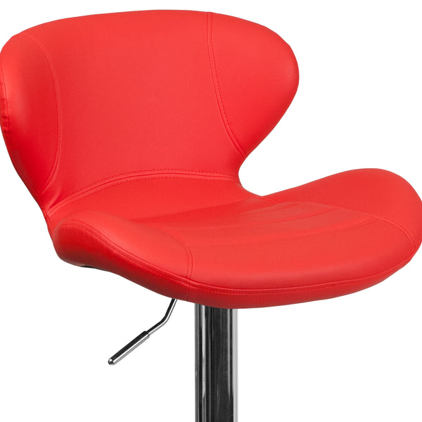 Red Vinyl |#| Contemporary Red Vinyl Adjustable Barstool with Curved Back & Chrome Base