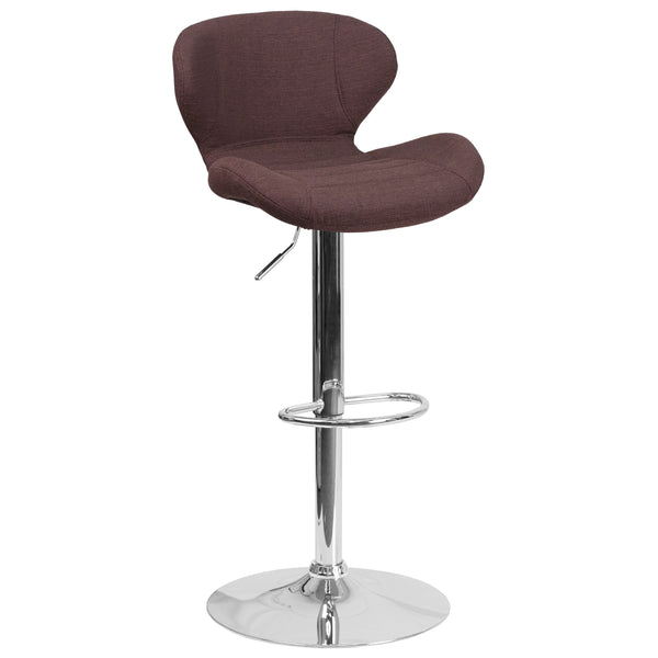 Brown Fabric |#| Contemporary Brown Fabric Adjustable Barstool with Curved Back & Chrome Base