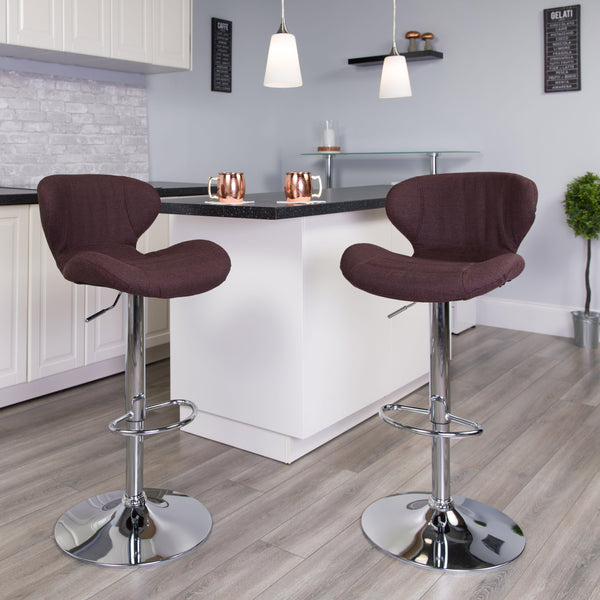 Brown Fabric |#| Contemporary Brown Fabric Adjustable Barstool with Curved Back & Chrome Base