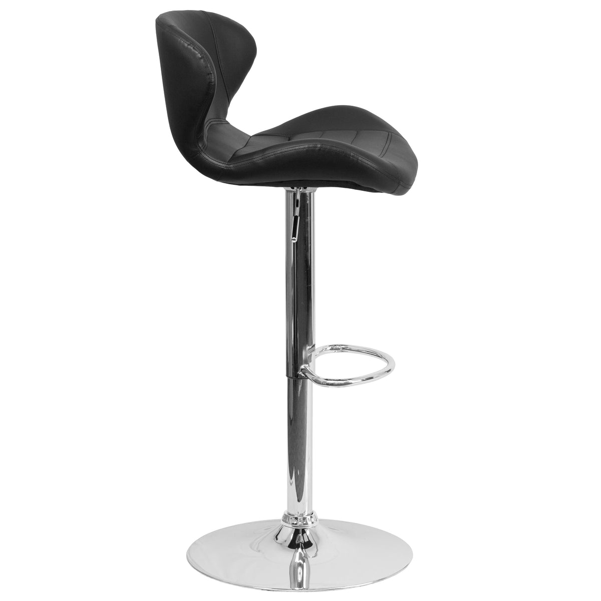 Black Vinyl |#| Contemporary Black Vinyl Adjustable Barstool with Curved Back & Chrome Base