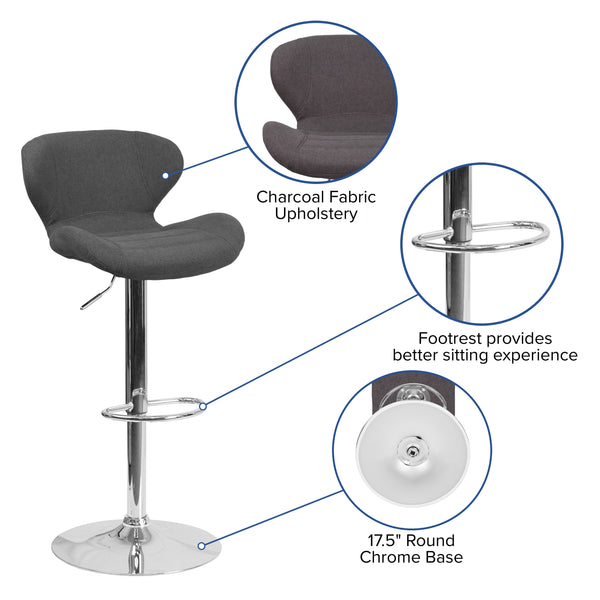 Charcoal Fabric |#| Contemporary Charcoal Fabric Adjustable Barstool with Curved Back & Chrome Base