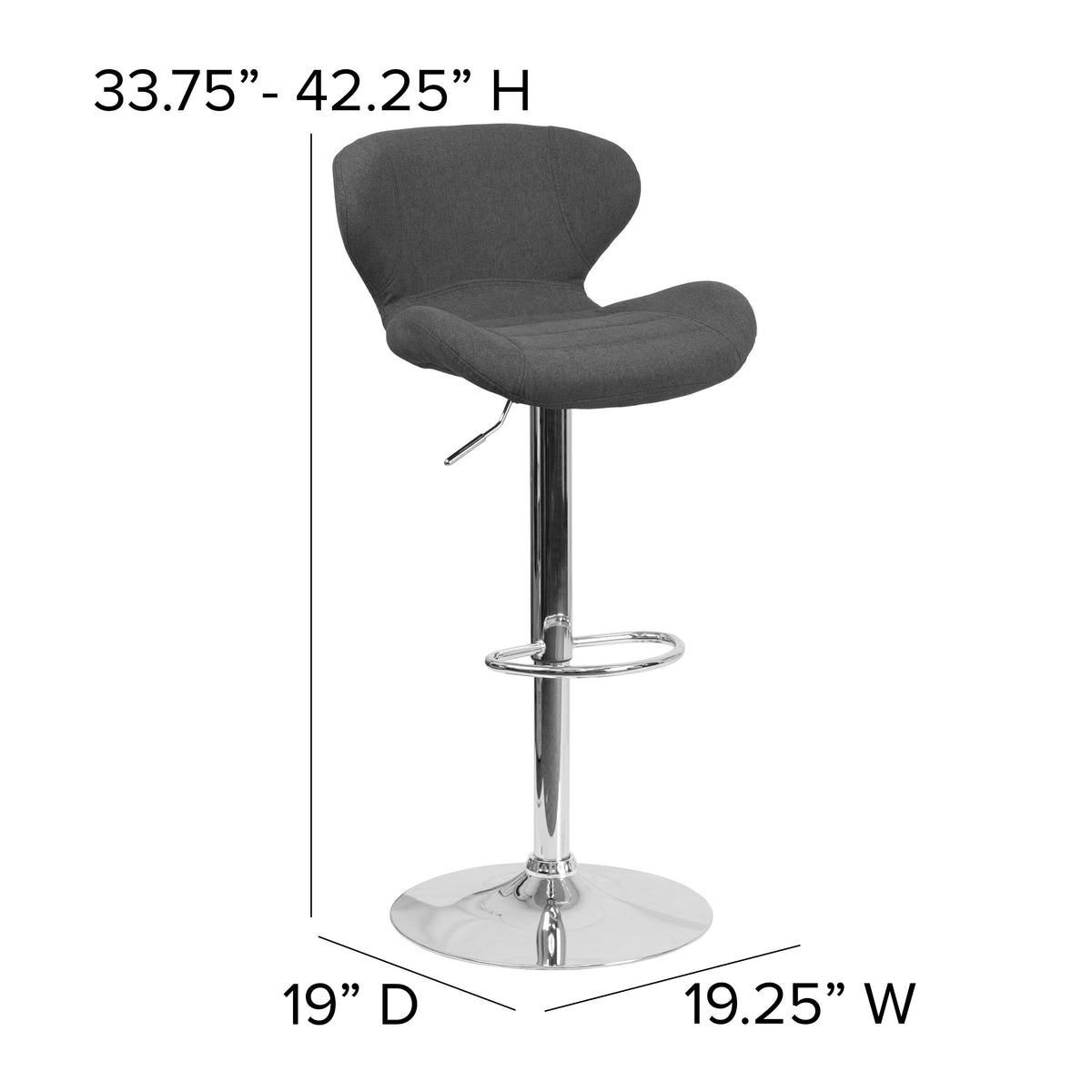 Charcoal Fabric |#| Contemporary Charcoal Fabric Adjustable Barstool with Curved Back & Chrome Base