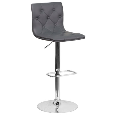 Contemporary Button Tufted Vinyl Adjustable Height Barstool with Chrome Base - View 1