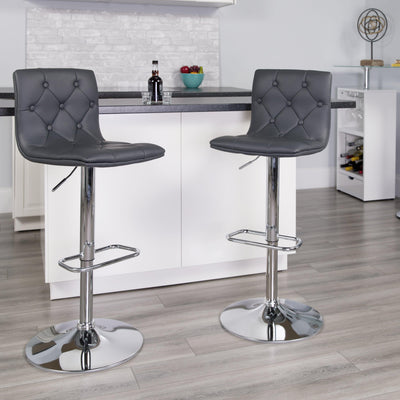 Contemporary Button Tufted Vinyl Adjustable Height Barstool with Chrome Base