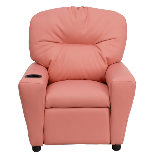 Pink Vinyl |#| Contemporary Pink Vinyl Kids Recliner with Cup Holder - Hardwood Frame