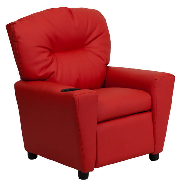 Red Vinyl |#| Contemporary Red Vinyl Kids Recliner with Cup Holder - Hardwood Frame