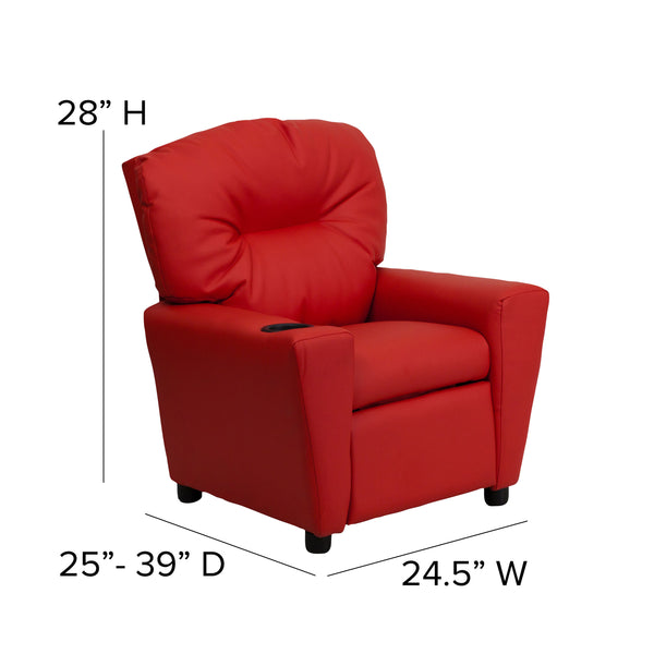 Red Vinyl |#| Contemporary Red Vinyl Kids Recliner with Cup Holder - Hardwood Frame