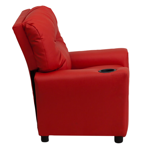 Red Vinyl |#| Contemporary Red Vinyl Kids Recliner with Cup Holder - Hardwood Frame