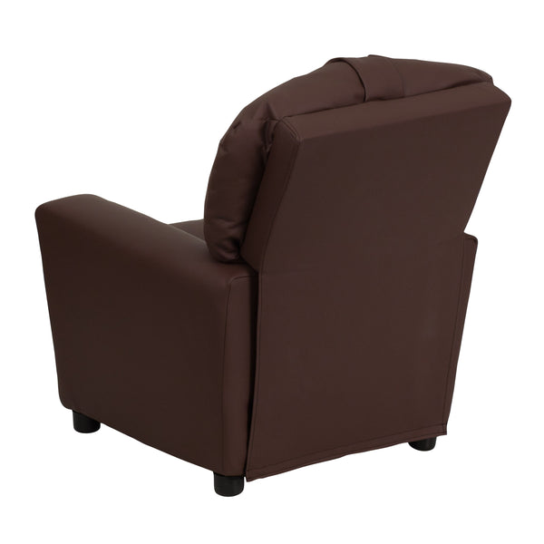 Brown LeatherSoft |#| Contemporary Brown LeatherSoft Kids Recliner with Cup Holder - Hardwood Frame