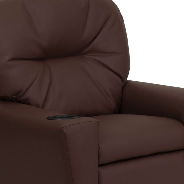 Brown LeatherSoft |#| Contemporary Brown LeatherSoft Kids Recliner with Cup Holder - Hardwood Frame