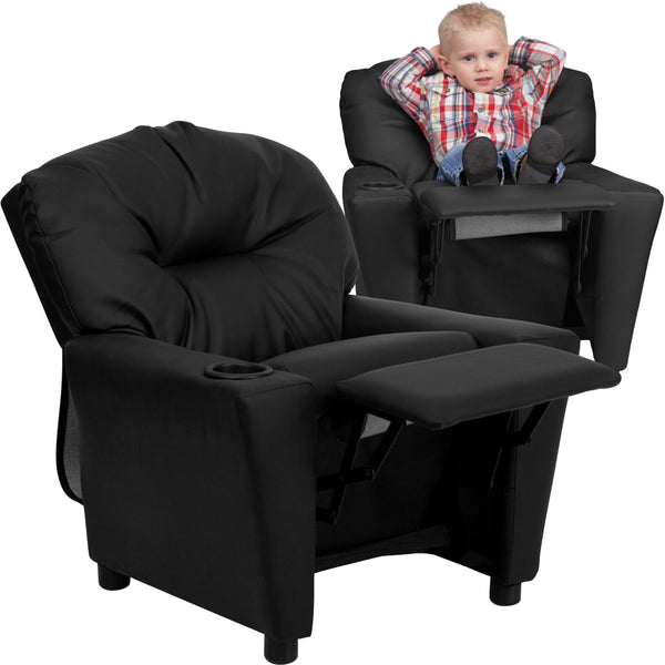 Black LeatherSoft |#| Contemporary Black LeatherSoft Kids Recliner with Cup Holder - Hardwood Frame