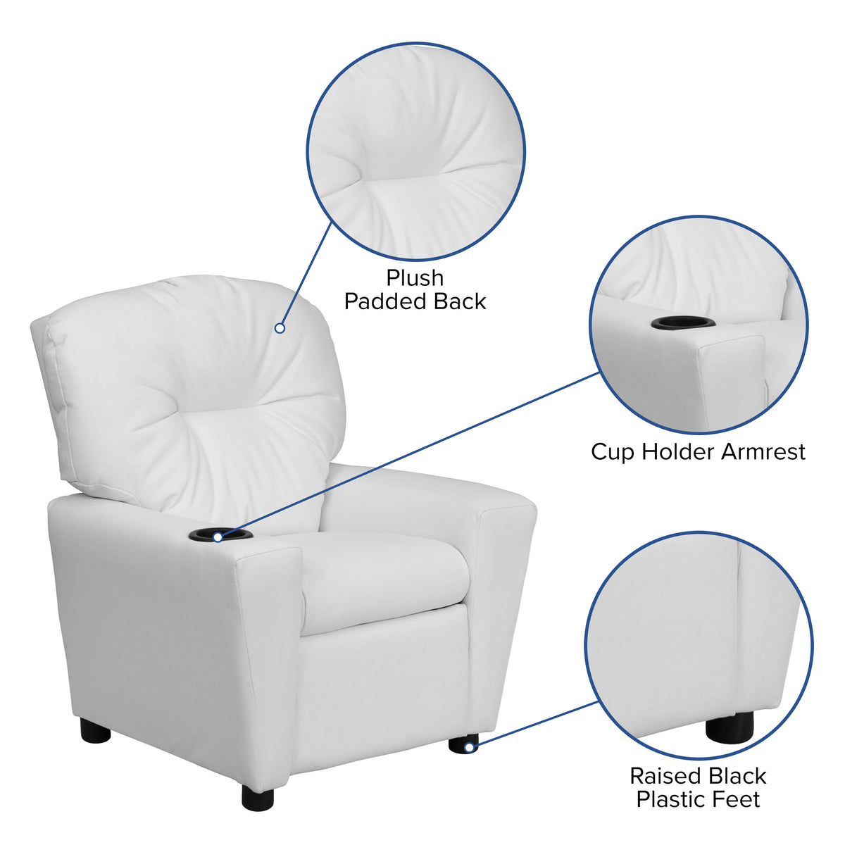 White Vinyl |#| Contemporary White Vinyl Kids Recliner with Cup Holder - Hardwood Frame