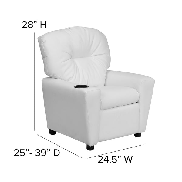 White Vinyl |#| Contemporary White Vinyl Kids Recliner with Cup Holder - Hardwood Frame