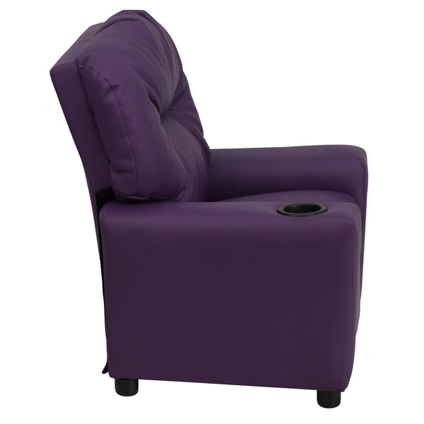 Purple Vinyl |#| Contemporary Purple Vinyl Kids Recliner with Cup Holder - Hardwood Frame