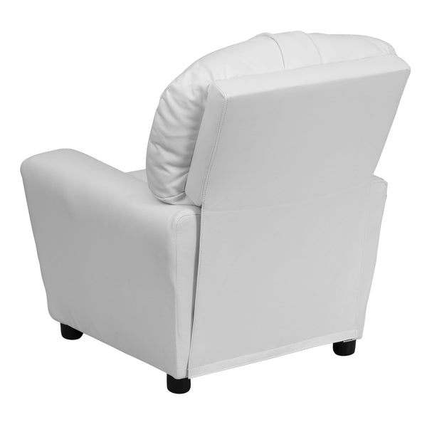 White Vinyl |#| Contemporary White Vinyl Kids Recliner with Cup Holder - Hardwood Frame