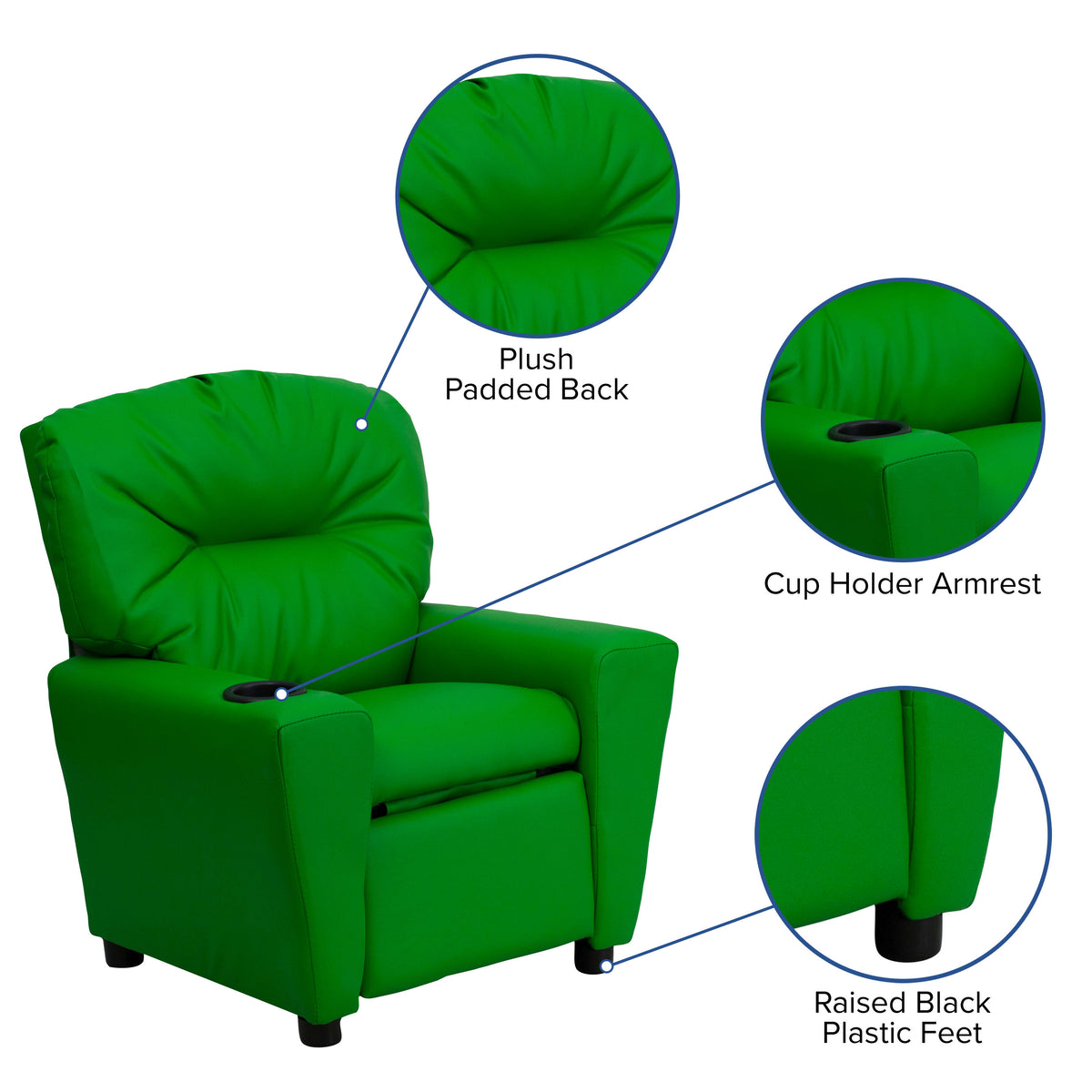 Green Vinyl |#| Contemporary Green Vinyl Kids Recliner with Cup Holder - Hardwood Frame