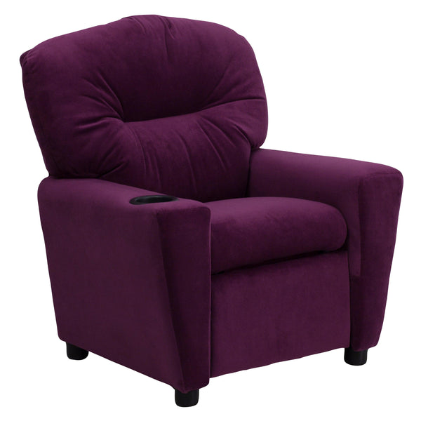 Purple Microfiber |#| Contemporary Purple Microfiber Kids Recliner with Cup Holder - Hardwood Frame