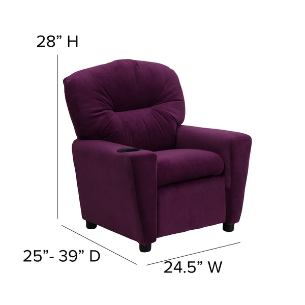 Purple Microfiber |#| Contemporary Purple Microfiber Kids Recliner with Cup Holder - Hardwood Frame