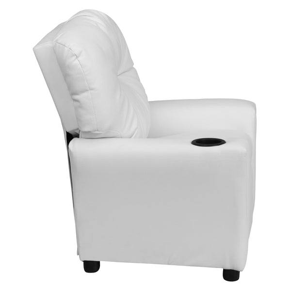 White Vinyl |#| Contemporary White Vinyl Kids Recliner with Cup Holder - Hardwood Frame