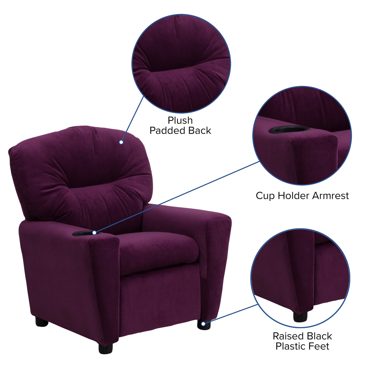 Purple Microfiber |#| Contemporary Purple Microfiber Kids Recliner with Cup Holder - Hardwood Frame