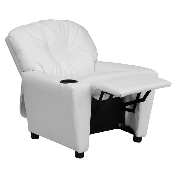 White Vinyl |#| Contemporary White Vinyl Kids Recliner with Cup Holder - Hardwood Frame