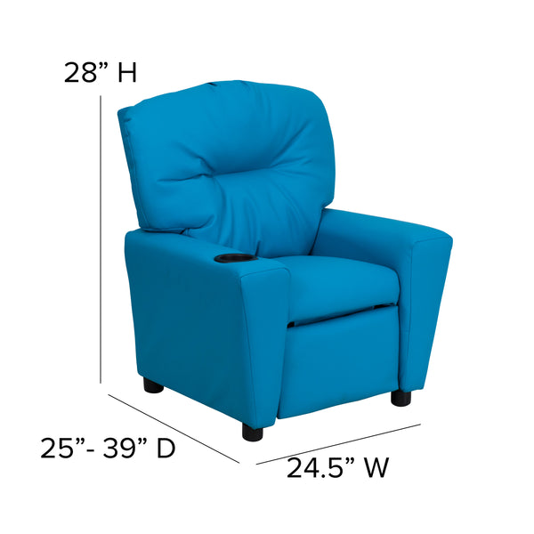 Turquoise Vinyl |#| Contemporary Turquoise Vinyl Kids Recliner with Cup Holder - Hardwood Frame