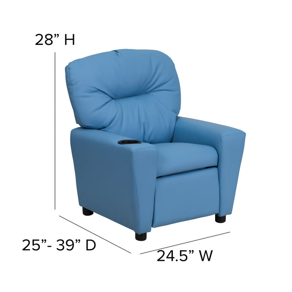 Light Blue Vinyl |#| Contemporary Light Blue Vinyl Kids Recliner with Cup Holder - Hardwood Frame