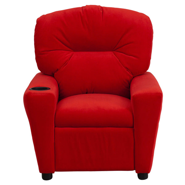 Red Microfiber |#| Contemporary Red Microfiber Kids Recliner with Cup Holder - Hardwood Frame