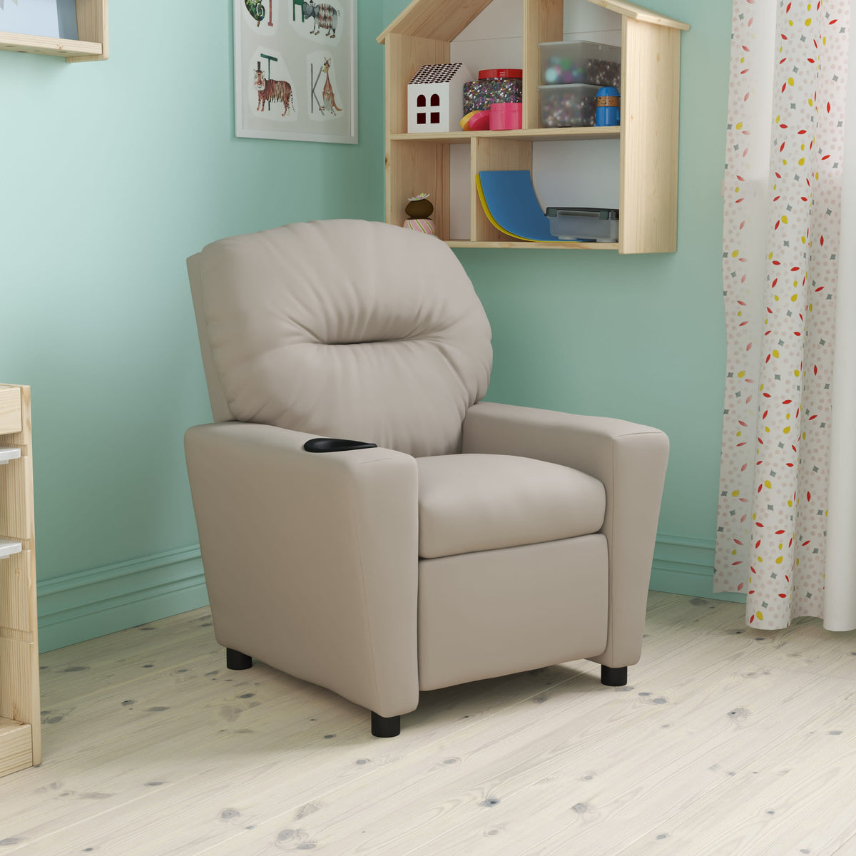 Beige Vinyl |#| Contemporary Beige Vinyl Kids Recliner with Cup Holder - Hardwood Frame