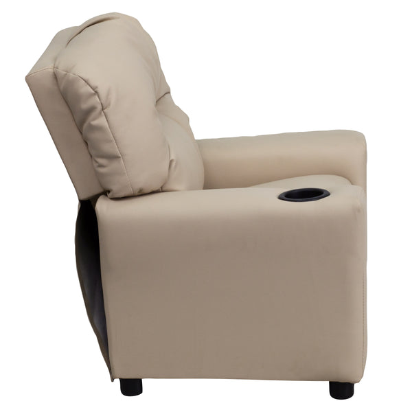 Beige Vinyl |#| Contemporary Beige Vinyl Kids Recliner with Cup Holder - Hardwood Frame