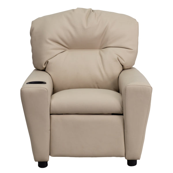 Beige Vinyl |#| Contemporary Beige Vinyl Kids Recliner with Cup Holder - Hardwood Frame