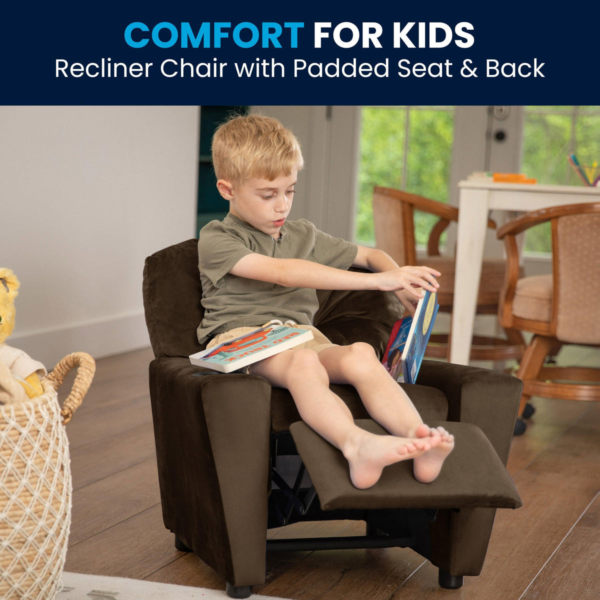 Brown Microfiber |#| Contemporary Brown Microfiber Kids Recliner with Cup Holder - Hardwood Frame