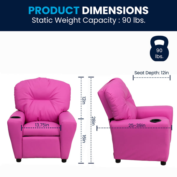 Hot Pink Vinyl |#| Contemporary Hot Pink Vinyl Kids Recliner with Cup Holder - Hardwood Frame