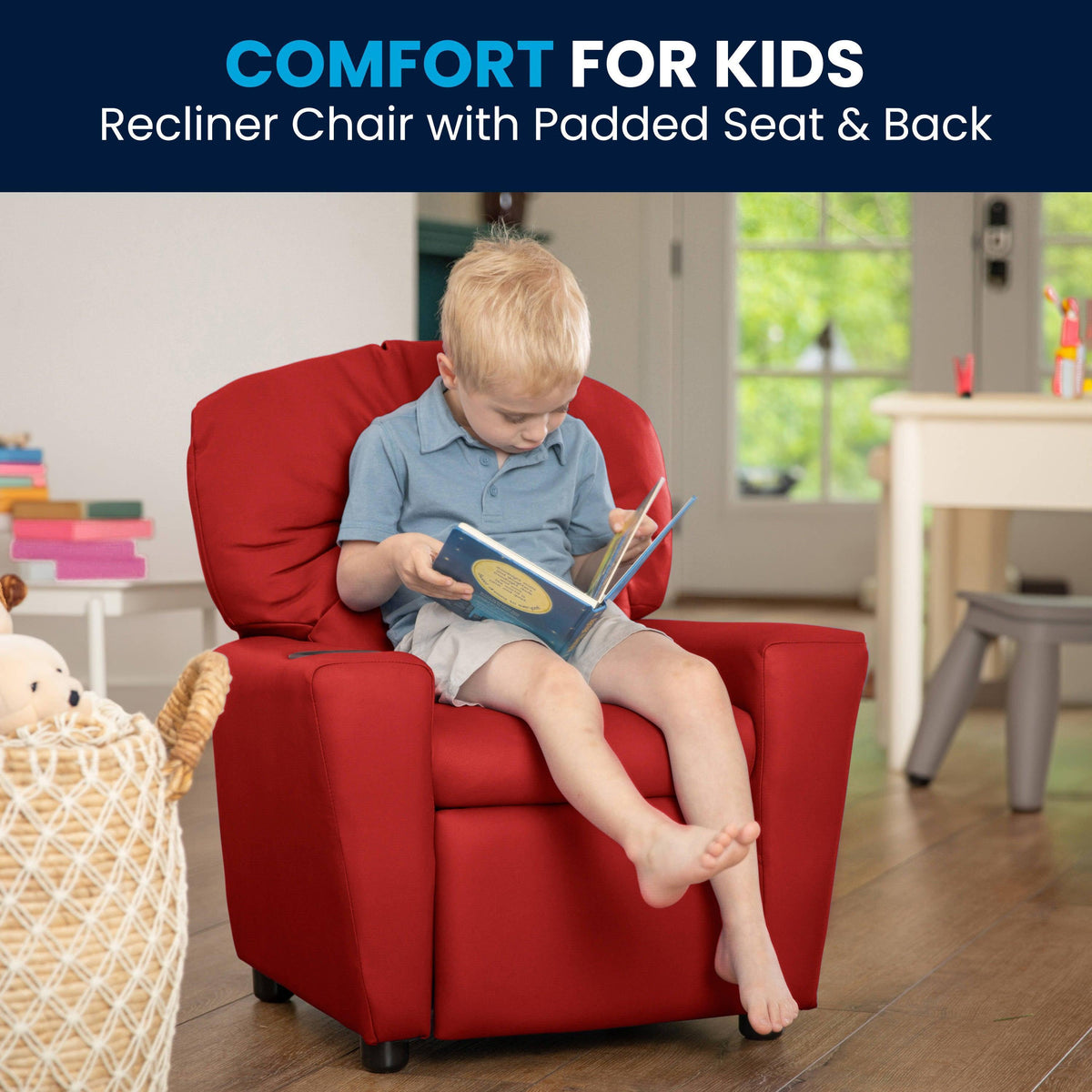 Red Vinyl |#| Contemporary Red Vinyl Kids Recliner with Cup Holder - Hardwood Frame