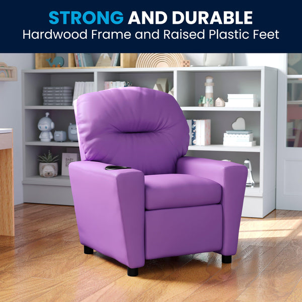 Lavender Vinyl |#| Contemporary Lavender Vinyl Kids Recliner with Cup Holder - Hardwood Frame