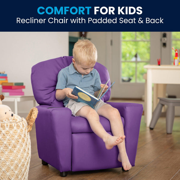 Lavender Vinyl |#| Contemporary Lavender Vinyl Kids Recliner with Cup Holder - Hardwood Frame