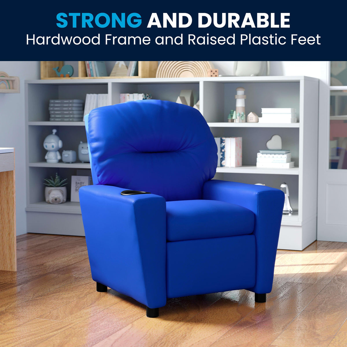 Blue Vinyl |#| Contemporary Blue Vinyl Kids Recliner with Cup Holder - Hardwood Frame